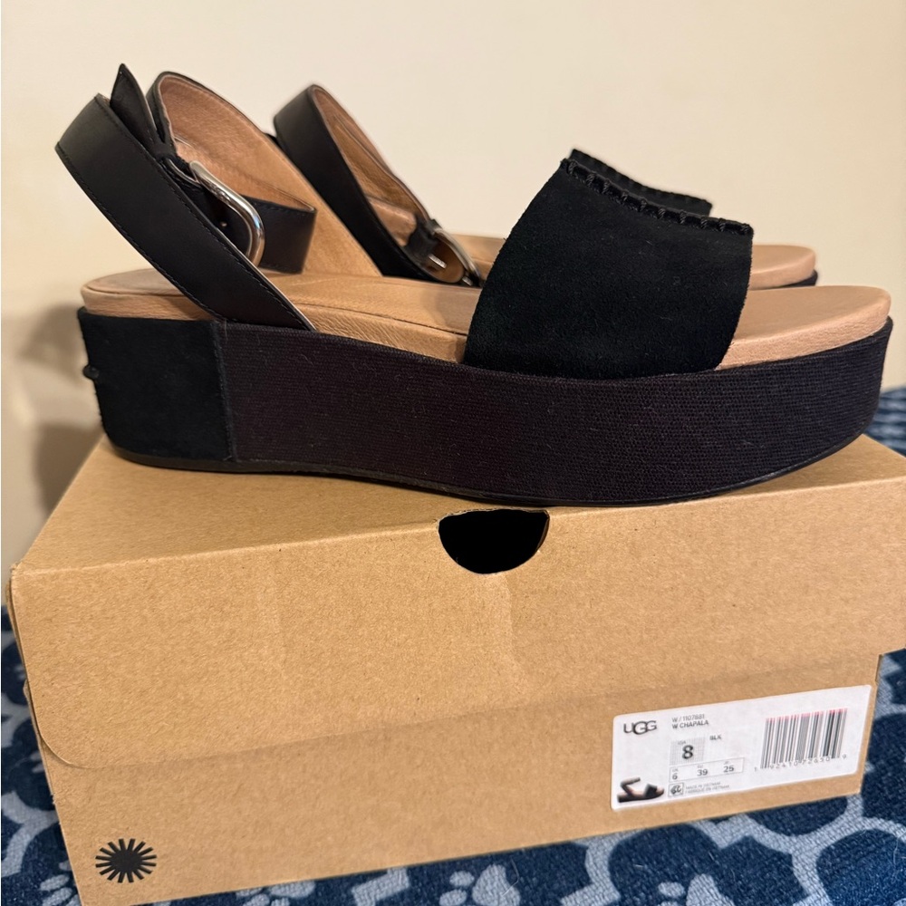 UGG Black Platform Sandals with Suede Straps